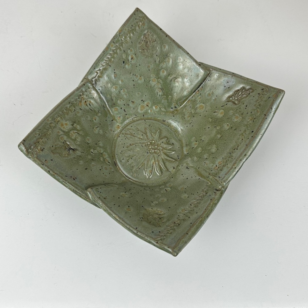 Studio Pottery Square Bowl Green Glazed Floral Handcrafted Artisan Bowl